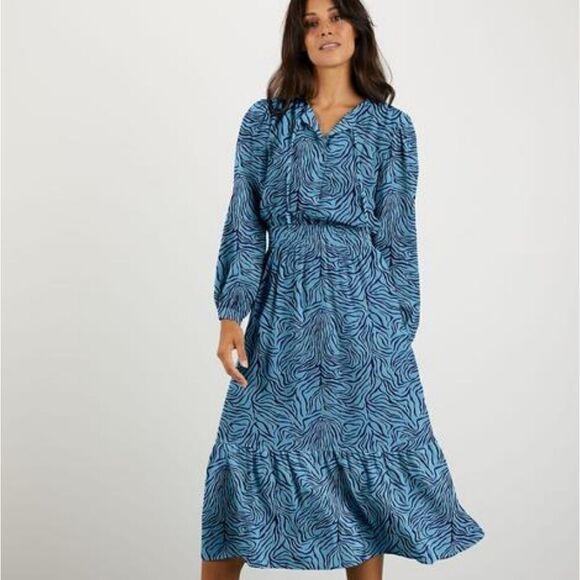 Tucker Juliette Dress Sky Tiger in Silk Stretch Crepe de Chine Long Sleeve Midi - Picture 1 of 1